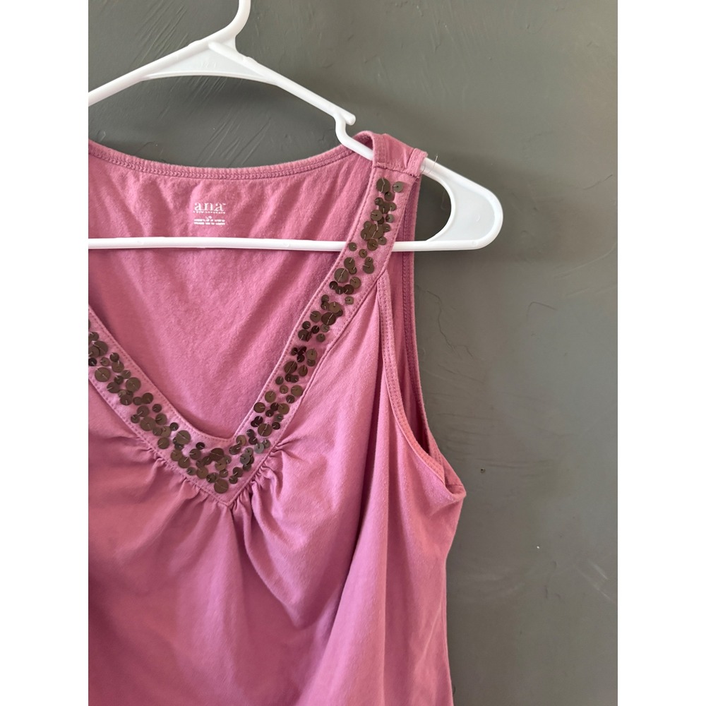 ana 2010s Pink Sequin V-Neck Cotton Tank Top Sleeveless Shirt‎ Large - Picture 2 of 8